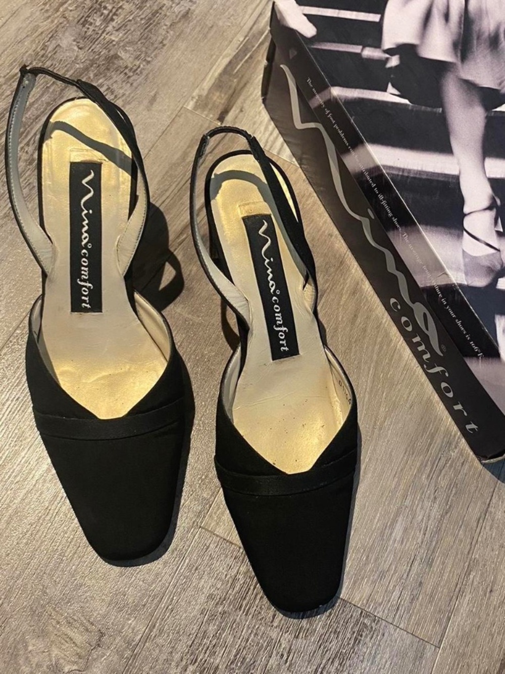 Vintage Nina Black Ribbon Sling Back Mules Kitten Heels